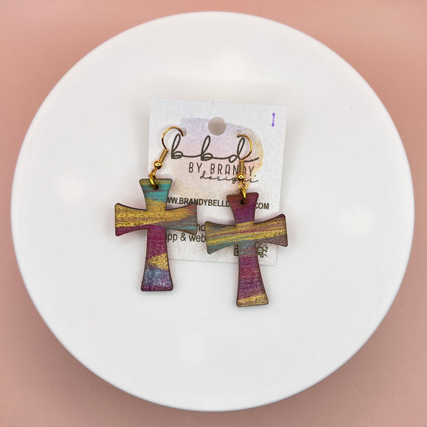 HAND-PAINTED WOODEN CROSS ||  <br> Hand-painted earrings by Brandy Bell <br> GOLD, PINK & AQUA #1