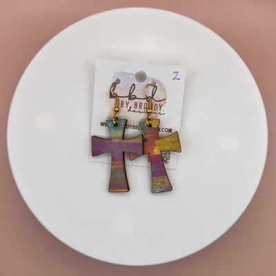 HAND-PAINTED WOODEN CROSS ||  <br> Hand-painted earrings by Brandy Bell <br> GOLD, PINK & AQUA #2