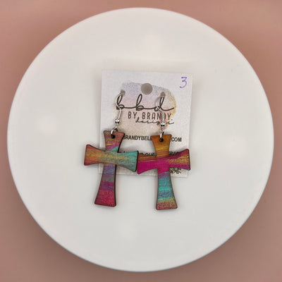 HAND-PAINTED WOODEN CROSS ||  <br> Hand-painted earrings by Brandy Bell <br> GOLD, PINK & AQUA #3