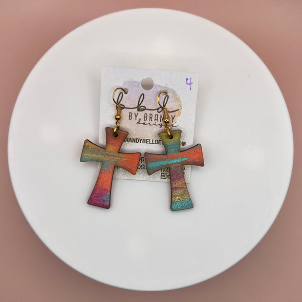 HAND-PAINTED WOODEN CROSS ||  <br> Hand-painted earrings by Brandy Bell <br> GOLD, PINK & AQUA #4