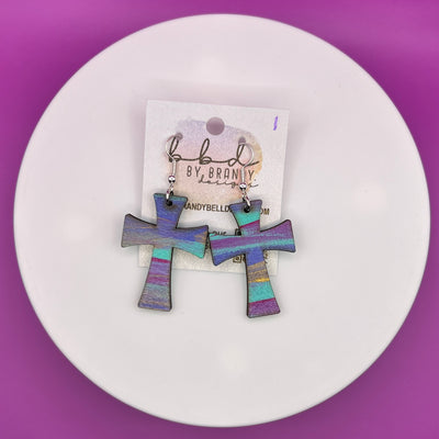 HAND-PAINTED WOODEN CROSS ||  <br> Hand-painted earrings by Brandy Bell <br> FUCHSIA, PURPLE & AQUA #1