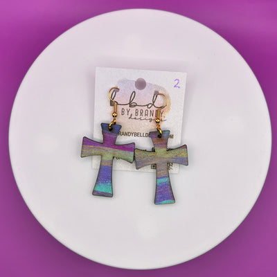 HAND-PAINTED WOODEN CROSS ||  <br> Hand-painted earrings by Brandy Bell <br> FUCHSIA, PURPLE & AQUA #2