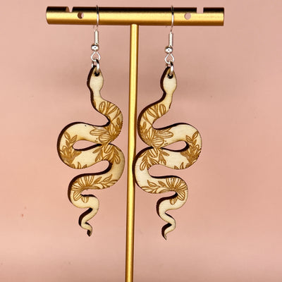 FLORAL WOODEN SNAKES ||  <br> Wooden earrings by Brandy Bell <br> Unfinished Wood