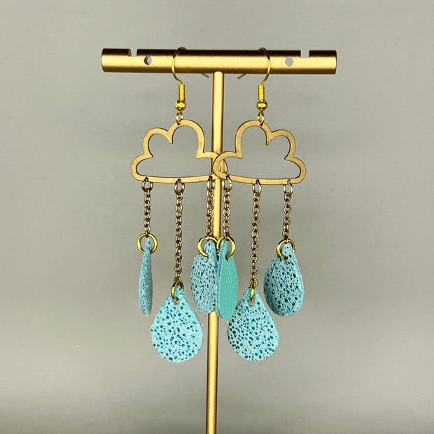 SUEDE + STEEL *Limited Edition* || Leather Earrings || BRASS CLOUD WITH DANGLE LEATHER RAINDROPS  || <BR> SPARKLE AQUA