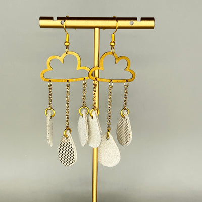 SUEDE + STEEL *Limited Edition* || Leather Earrings || BRASS CLOUD WITH DANGLE LEATHER RAINDROPS  || <BR> METALLIC CHAMPAGNE DOTS