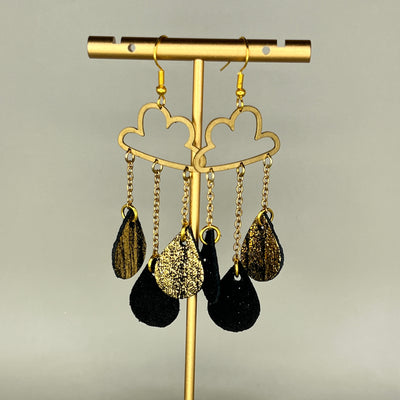 SUEDE + STEEL *Limited Edition* || Leather Earrings || BRASS CLOUD WITH DANGLE LEATHER RAINDROPS  || <BR> GOLD & BLACK SANDS