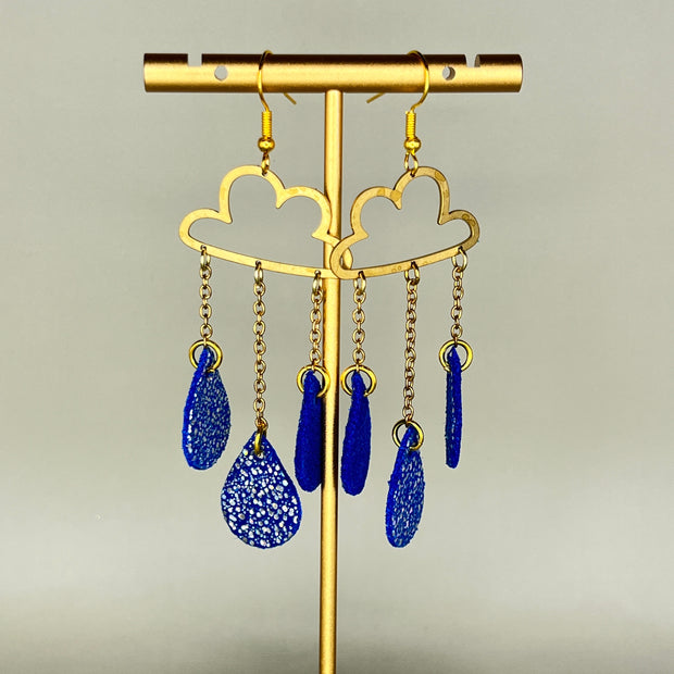 SUEDE + STEEL *Limited Edition* || Leather Earrings || BRASS CLOUD WITH DANGLE LEATHER RAINDROPS  || <BR> SPARKLE BLUE