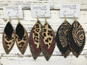 DOROTHY - Leather Earrings   ||  <BR>  TAN PANAMA WEAVE, <BR> DISTRESSED BROWN WITH GOLD ACCENTS,  <BR>  MATTE BROWN