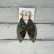 DOROTHY - Leather Earrings   ||  <BR> OLIVE GLITTER (FAUX LEATHER),  <BR>  GOTHIC FLORAL ON BLACK, <BR>  PEARLIZED OLIVE