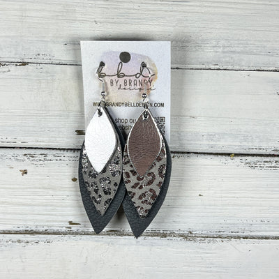 DOROTHY -  Leather Earrings  ||   <BR> METALLIC SILVER SMOOTH, <BR> GRAY & SILVER LEOPARD ANIMAL PRINT, <BR> MATTE DARK GRAY