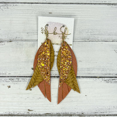 ANDY - Leather Earrings   ||  <BR> PUMPKIN PIE GLITTER (FAUX LEATHER),  <BR>  MUSTARD BRAID, <BR> BURNT ORANGE SAFFIANO