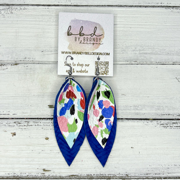 ALLIE - Leather Earrings   ||  <BR> RAINBOW FIELD FLOWER,  <BR>  COBALT BLUE BRAID