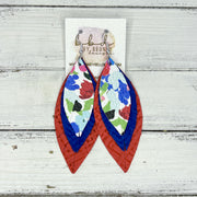 INDIA - Leather Earrings   ||  <BR> RAINBOW FIELD FLOWER,  <BR>  COBALT BLUE BRAID, <BR> RED PANAMA WEAVE