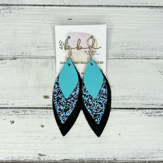 DOROTHY - Leather Earrings   ||  <BR>  ROBINS EGG BLUE, <BR> AQUA & BLACK GLITTER (FAUX LEATHER),  <BR> BLACK BRAID