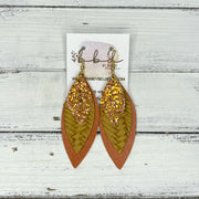 DOROTHY - Leather Earrings   ||  <BR> PUMPKIN PIE GLITTER (FAUX LEATHER),  <BR>  MUSTARD BRAID, <BR> BURNT ORANGE SAFFIANO