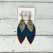 DOROTHY - Leather Earrings   ||  <BR> CHUNKY GOLD JEWELS GLITTER (FAUX LEATHER),  <BR>  TEAL BRAID, <BR> DISTRESSED BURGUNDY