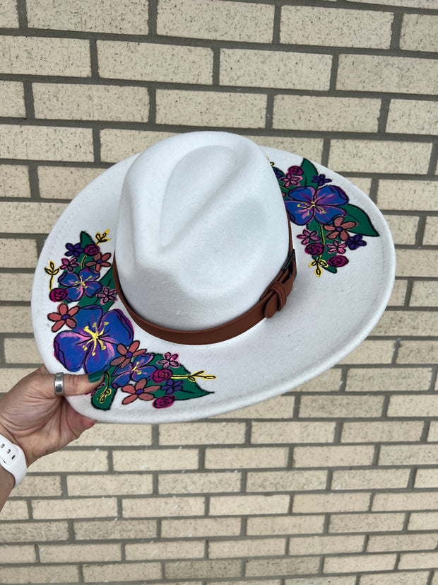 Hand-Painted Felt Hat by  Brandy Bell - White with Summer Floral