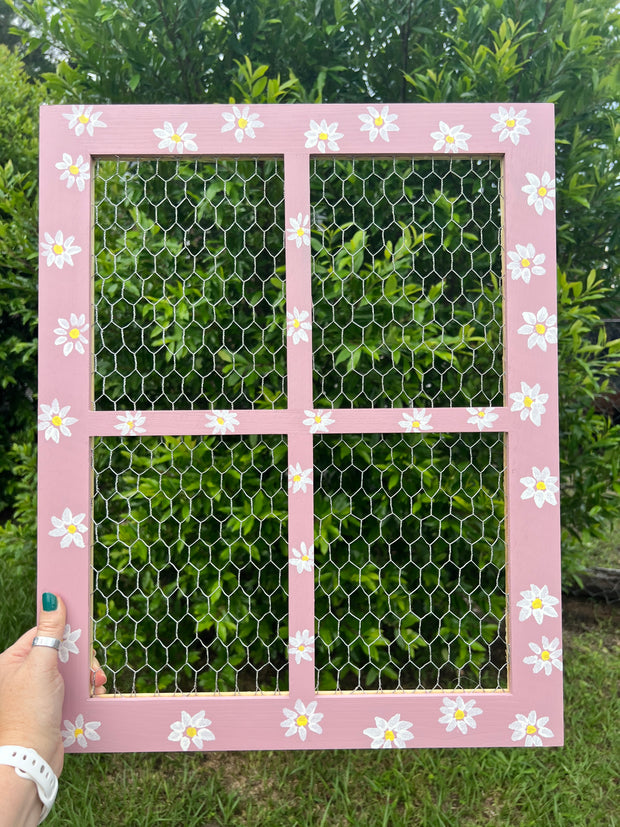 Rectangle Hand-Painted framed by Brandy Bell -EARRING HOLDER with chicken wire (Blush with white flowers)