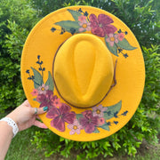 Hand-Painted Felt Hat by  Brandy Bell - Mustard with Fall Floral