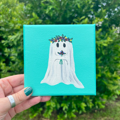 5" x 5" MINI Painting on wrapped canvas by Brandy Bell- Ghost with Flowers (Aqua)