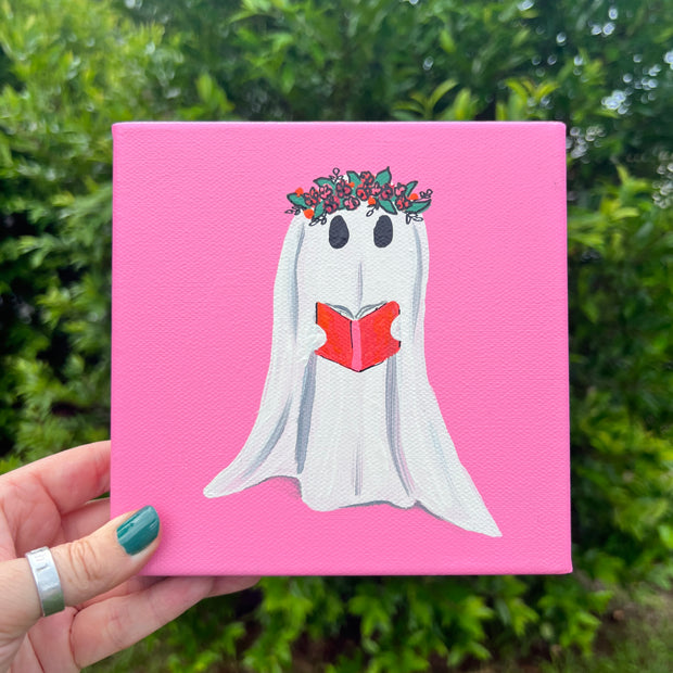 6" x 6" x 1.5" Painting on wrapped canvas by Brandy Bell - Ghost with Book (Pink)