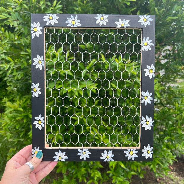 Rectangle Hand-Painted framed by Brandy Bell -EARRING HOLDER with chicken wire (Black with white flowers)