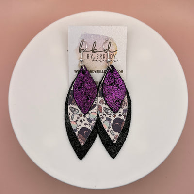 DOROTHY -  Leather Earrings  ||   <BR> SHIMMER FUCHSIA, <BR> BREWING MAGIC (FAUX LEATHER), <BR> SHIMMER DISTRESSED BLACK & SILVER