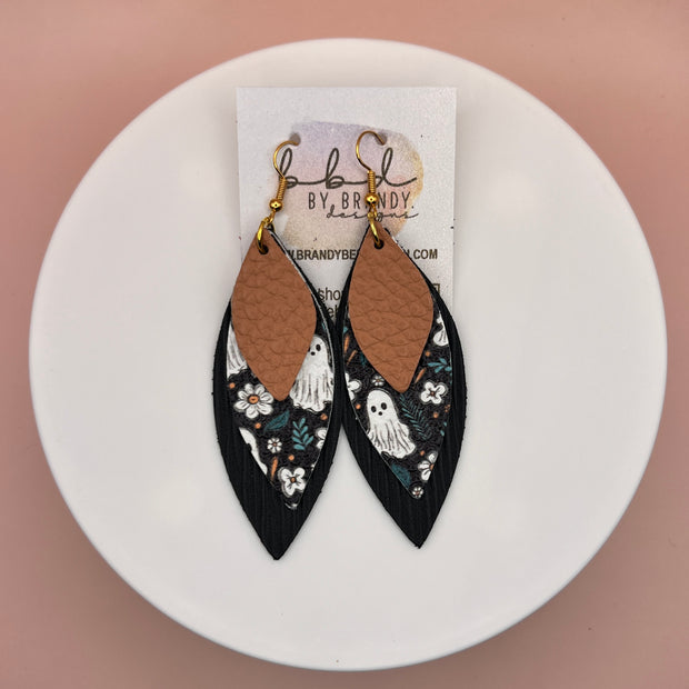 DOROTHY -  Leather Earrings  ||   <BR> MATTE PEACH TEXTURE, <BR> GHOST & FLORAL ON BLACK, <BR> BLACK PALMS