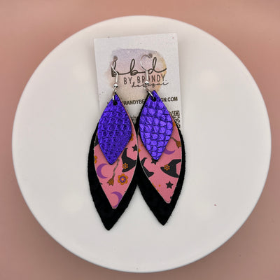 DOROTHY -  Leather Earrings  ||   <BR> METALLIC PURPLE COBRA, <BR> WITCH HATS ON PINK, <BR> MATTE BLACK