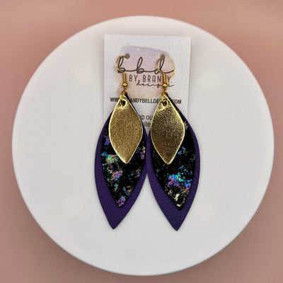 DOROTHY -  Leather Earrings  ||   <BR> METALLIC GOLD SMOOTH, <BR> IRIDESCENT NORTHERN LIGHTS, <BR> MATTE PURPLE