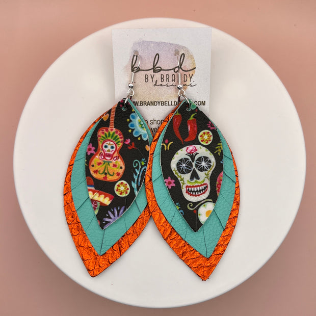 GINGER -  Leather Earrings  ||   <BR> DAY OF THE DEAD (FAUX LEATHER), <BR> MATTE ROBINS EGG BLUE, <BR> METALLIC ORANGE COBRA