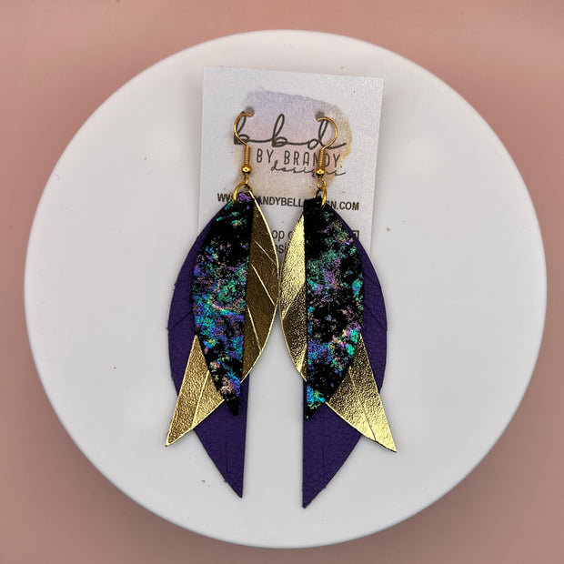 ANDY -  Leather Earrings  ||   <BR> IRIDESCENT NORTHERN LIGHTS, <BR> METALLIC GOLD SMOOTH, <BR> MATTE PURPLE