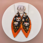 INDIA -  Leather Earrings  ||   <BR> SUGAR SKULL CATS, <BR> ORANGE & BLACK BISON, <BR> METALLIC ORANGE PEBBLED