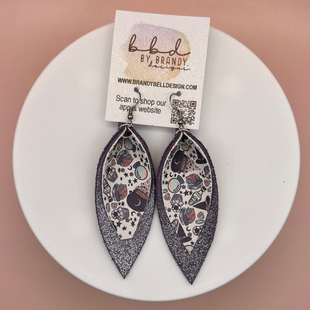 ALLIE -  Leather Earrings  ||   <BR> BREWING MAGIC (FAUX LEATHER), <BR> SHIMMER LAVENDER,