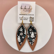 ALLIE -  Leather Earrings  ||   <BR> GHOST & FLORAL ON BLACK,  <BR> MATTE PEACH TEXTURE