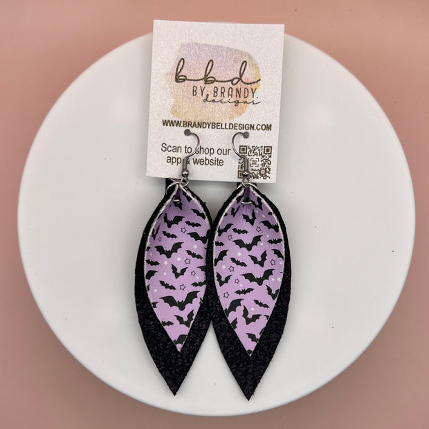 ALLIE -  Leather Earrings  ||   <BR> BATS & STARS (FAUX LEATHER)  <BR> BLACK WITH DISTRESSED PURPLE