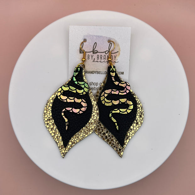 EVE WITH SNAKES -  Leather Earrings  ||   <BR> METALLIC PINK/GREEN/GOLD MERMAID <BR> MATTE BLACK, <BR> METALLIC GOLD DRIPS