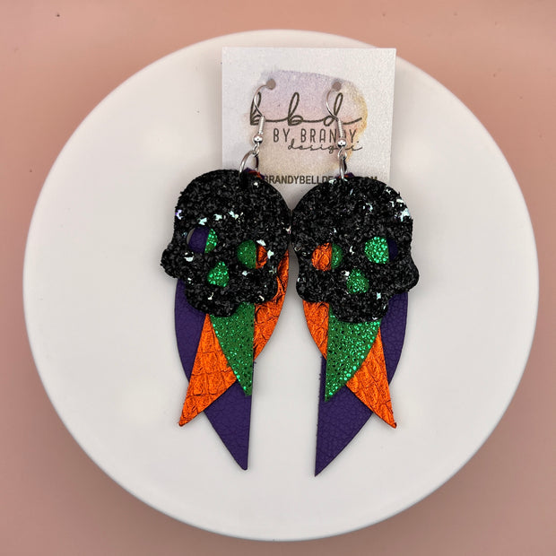 FANCY SKULL 2.0 - Leather Earrings || <BR> CHUNKY BLACK GLITTER SKULL,  <BR> SPARKE GREEN, <BR> METALLIC ORANGE COBRA, <BR> MATTE PURPLE