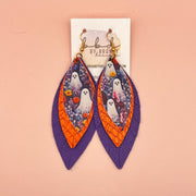 INDIA -  Leather Earrings  ||   <BR> FAUX EMBROIDERY GHOST (FAUX LEATHER), <BR> METALLIC ORANGE COBRA, <BR> MATTE PURPLE