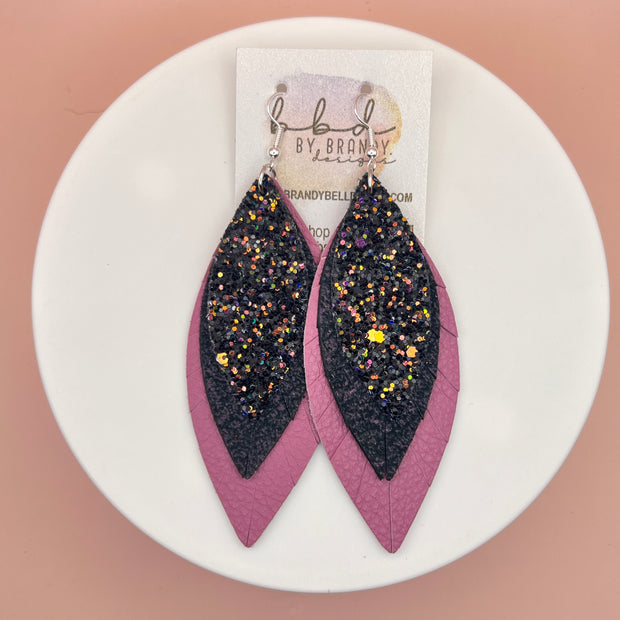 INDIA -  Leather Earrings  ||   <BR> CITY LIGHTS (FAUX LEATHER), <BR> BLACK WITH DISTRESSED PURPLE, <BR> MATTE MAUVE