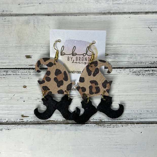 ELVES -  Leather Earrings  ||  <BR> CARAMEL LEOPARD,  <BR> SHIMMER BLACK,