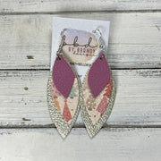 DOROTHY - Leather Earrings   ||  <BR> MATTE MAUVE,  <BR>  BLUSH CHRISTMAS TREES, <BR> METALLIC CHAMPAGNE PEBBLED