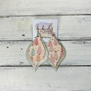 EVE -  Leather Earrings  ||  <BR> BLUSH CHRISTMAS TREES, <BR> METALLIC CHAMPAGNE PEBBLED