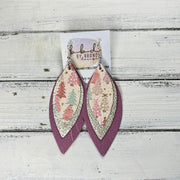 INDIA - Leather Earrings   ||  <BR> BLUSH CHRISTMAS TREES,  <BR> METALLIC CHAMPAGNE PEBBLED, <BR> MATTE MAUVE