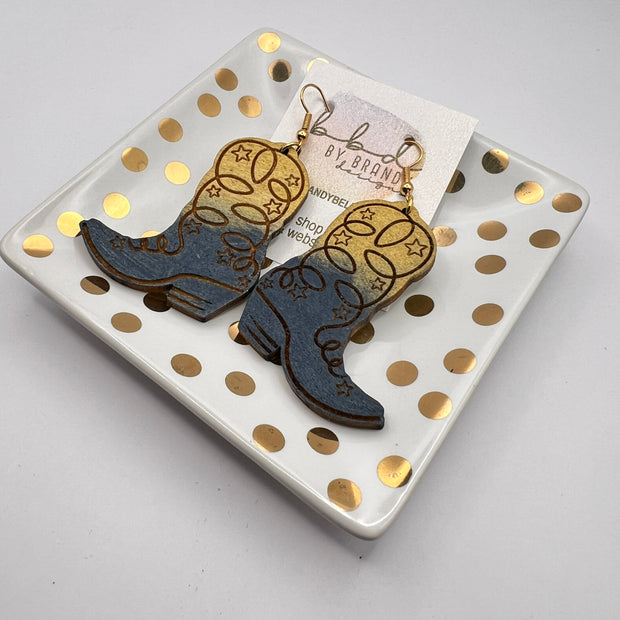 HAND-PAINTED WOODEN BOOTS (LARGE) ||  <br> Hand-painted earrings by Brandy Bell <br> GOLD & NAVY BOOTS