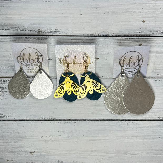 SUEDE + STEEL *Limited Edition* || Leather Earrings || BRASS BEE/BUTTERFLY/MOTH ACCENT || <BR> PEARLIZED OLIVE GREEN