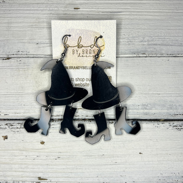 ACRYLIC EARRINGS || <BR> BLACK WITCH HAT & BOOTS (3” LONG)