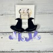 ACRYLIC EARRINGS || <BR> BLACK WITCH HAT & PURPLE BOOTS (3” LONG)