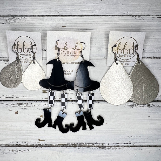 ACRYLIC EARRINGS || <BR> BLACK WITCH HAT & LEGS (4” LONG)