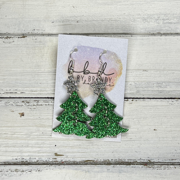 DANGLE CHRISTMAS TREE -  Leather Earrings  ||   <BR> SILVER GLITTER STAR, <BR> GREEN GLITTER (FAUX LEATHER)